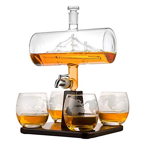 Whisky-Set 4er Whiskygläser 320ml, Glas-Karaffe mit Segelschiff Füllmenge 1000ml, Edelstahlhahn - Bleifreie Whisky Dekanter luftdichtem Verschluss mit Holz-Tablett Geschenkidee für Männer