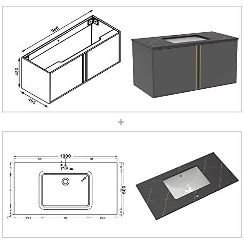 Badmöbel Set mit Waschbecken 100 cm Felsplatte Waschtisch mit Unterschrank Dunkelgrau Matt