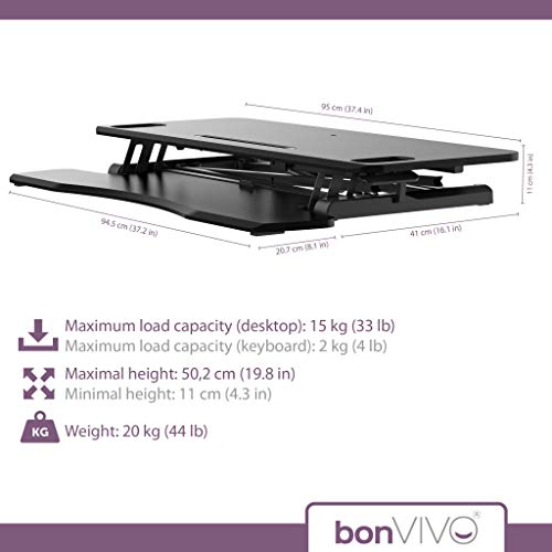 bonVIVO Höhenverstellbarer Schreibtisch-Aufsatz 95 x 40 - Sit-Stand-Erhöhung Macht Jede Workstation zum Standing Desk - Belastbar bis 15 kg - Weihnachtsgeschenke & Gadgets - Schwarz