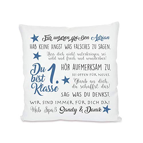 Geschenk zur Einschulung für Schulanfänger - Kissen mit Name des Erstklässlers, in zwei Farben für Mädchen und Jungen