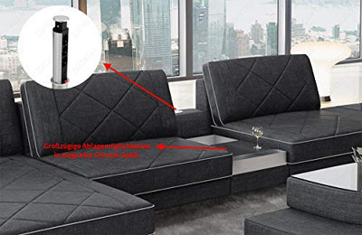 XXL Sofa Wohnlandschaft Bari in Leder Sofa mit USB-Anschluss Kopfstützen LED-Licht Ledersofa Designersofa Couch (Ottomane Links (auf Sofa blickend), Weiss)