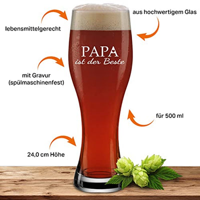 Weizenglas Papa ist der Beste - Bierglas 0,5l mit Laser-Gravur - Geschenk zum Vatertag, Geburtstag, Weihnachten, Motiv Papa ist der Beste