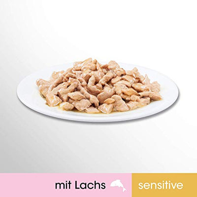 Perfect Fit Sensitive 1+ – Nassfutter für erwachsene, sensible Katzen ab 1 Jahr – Lachs in Sauce – Ohne Weizen & Soja – Unterstützt die Verdauung – 12 x 85 g