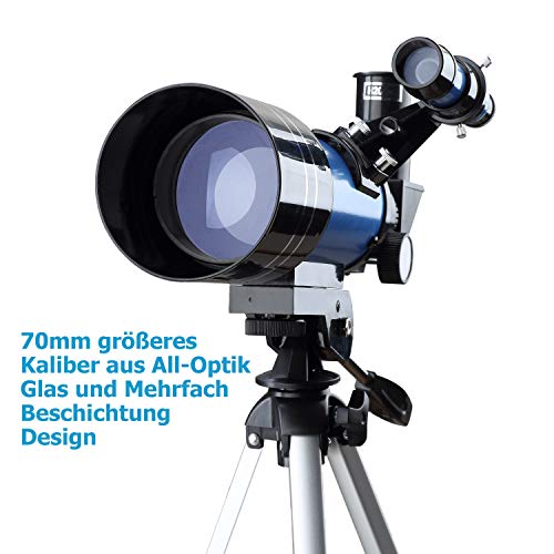 Aomekie Teleskop Kinder Einsteiger 70MM Teleskop Astronomie mit Smartphone Adapter Aluminium Stativ Barlow und Umkehrlinse