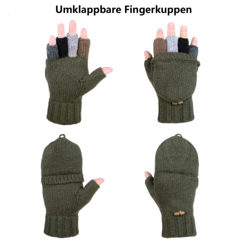 AOKAY Winter Handschuhe Fingerlose Fäustlinge Damen Fingerhandschuhe Fingerlos Handschuhe Strick Handschuhe mit Flip Top (Armeegrün)