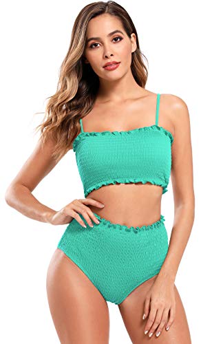 SHEKINI Damen Bandeau Bikini Set Elastisch Shirring Bikinioberteil Zweiteiliger Badeanzug High Waist Ruched Bauchweg Bikinihose Bademode Strandbikini（L, Hellgrün）