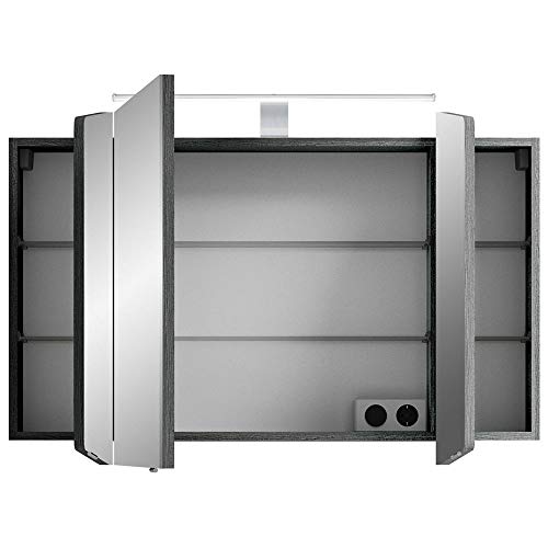 Badmöbel Set, Eiche graphit Struktur, Spiegelschrank mit LED Beleuchtung, 101cm Waschtisch-Unterschrank mit Waschbecken, Hochschrank, Schubladen & Türen mit Softclose-System, B/H/T: 187/200/50,5 cm