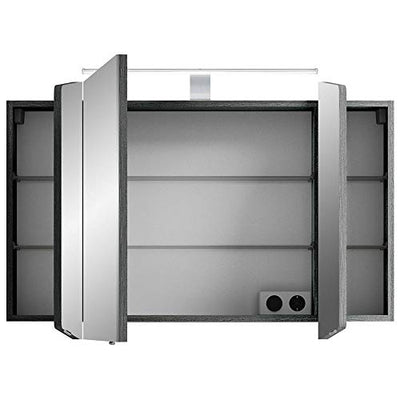 Badmöbel Set, Eiche graphit Struktur, Spiegelschrank mit LED Beleuchtung, 101cm Waschtisch-Unterschrank mit Waschbecken, Hochschrank, Schubladen & Türen mit Softclose-System, B/H/T: 187/200/50,5 cm