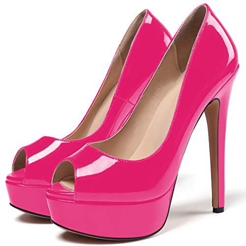 Soireelady Plateau Pumps für Damen,Peep Toe mit 14 cm Absatz,Franen Stiletto High Heels Pumps EU36 Fuchsie