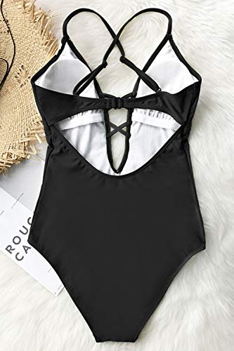 CUPSHE Damen Badeanzug Tiefen V Kreuzgurte Vintage Spitzeneinsatz Bademode One Piece Swimsuit Schwarz M