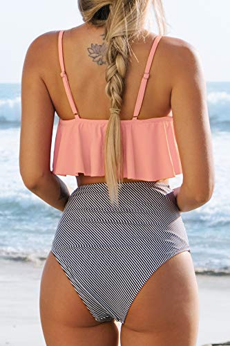 CUPSHE Damen Bikini Set Falbala Rüschen High Waist Bauchweg Bademode Zweiteiliger Badeanzug Rosa L