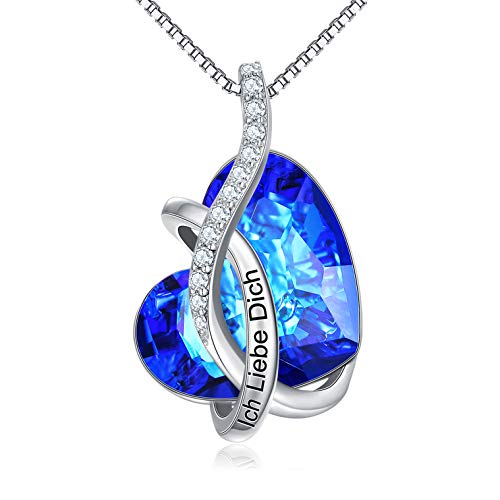 Kette Herz Sterling Silber"Ich Liebe Dich" Halskette Damen mit Kristallen, Geburtstagsgeschenk für Frauen Freund (Ich Liebe Dich (Blau))