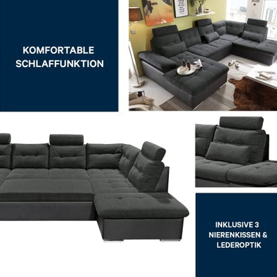 Kabs Polsterwelt Wohnlandschaft Jakarta III dunkelgrau Ottomane rechts U-Form mit Schlaffunktion 324 x 107 x 170 cm - Moderne Couch mit Bettkasten, verstellbaren Armlehnen & Kopfstützen Rücken echt