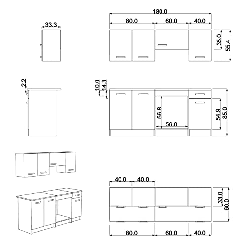 MEUBLE COSY L 180 cm Küchenunterschrank mit Oberschrank für die Küche, Holzwerkstoff, Grau