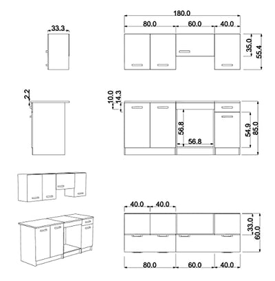 MEUBLE COSY L 180 cm Küchenunterschrank mit Oberschrank für die Küche, Holzwerkstoff, Grau