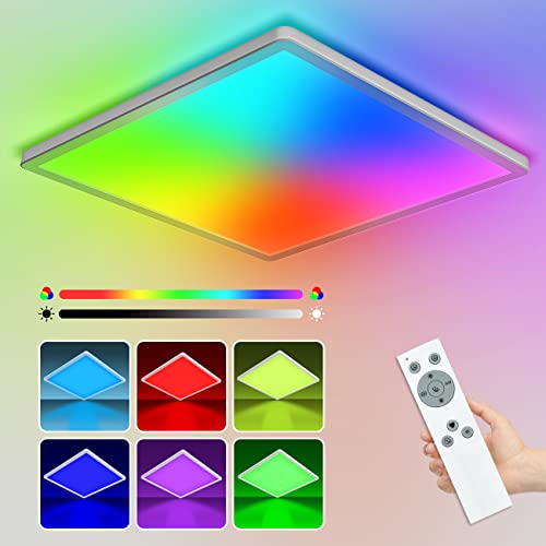 24W LED Deckenleuchte Dimmbar mit Fernbedienung, 29.5cm 4000K/RGB Farbwechsel Deckenlampe LED Panel, IP44 Quadrat Flach Lampe Schlafzimmer für Kinderzimmer Wohnzimmer Badezimmer Neutralweiß 2350LM