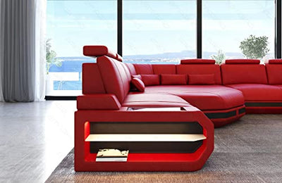 Wohnlandschaft Asti Mini Ledersofa Couch in Leder - Sofa mit USB und Kopfstützen (Große Ecke Links (auf Sofa blickend), Rot-Schwarz)