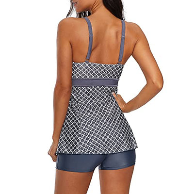 Durio Tankini Damen Bauchweg Badebekleidung Zweiteiliger Badeanzug mit Hot Pants Graue Karo EU 40-42 (Herstellergröße L)