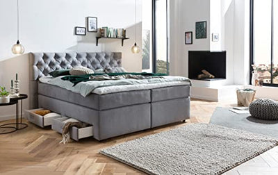 Belanoti Lara Boxspringbett 180x200 mit 4 Schubladen Stauraum Bett 180x200 mit Bettkasten in der Farbe Hellgrau H2 und H3 Chesterfield Kopfteil 7-Zonen Taschenfederkern Matratze inkl. Visco Topper