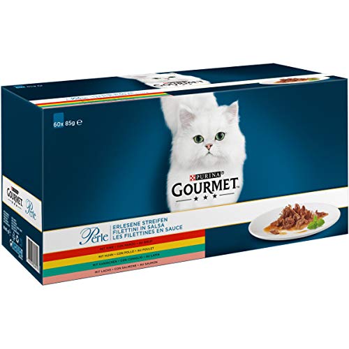 PURINA GOURMET Perle Erlesene Streifen Katzenfutter nass, Sorten-Mix, 60er Pack (60 x 85g)