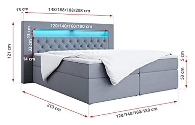 MKS MEBLE Boxspringbett - Doppelbett mit Multipocket-Matratze und Topper - Polsterbett mit Bettkasten - Stauraumbett - Gold 6 180x200 - H3 Grau