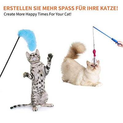 Toozey Federspielzeug 16 Stück, Katzen Spielzeug mit 2 STK versenkbare interaktive Katzen Rods und 14 STK Feder/Bug/Fisch Ersatz mit Glocken, Feder Dangler Katzenspielzeug mit Aufbewahrungstasche