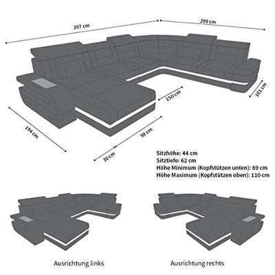 XXL Sofa Bologna Wohnlandschaft in Leder mit USB-Anschluss Beleuchtung Stauraum Ledersofa mit Kopfstützen im modernen Design (Ottomane rechts (auf Sofa blickend), White)