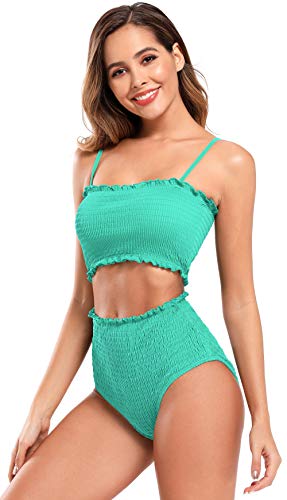 SHEKINI Damen Bandeau Bikini Set Elastisch Shirring Bikinioberteil Zweiteiliger Badeanzug High Waist Ruched Bauchweg Bikinihose Bademode Strandbikini（L, Hellgrün）