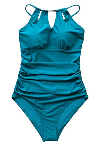 CUPSHE Damen Badeanzug mit Zierausschnitt Raffung Bauchweg Strandmode High Neck Einteilige Bademode Swimsuit Türkis XXL