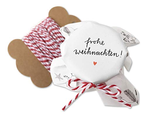 25 MINI Marmeladendeckchen - Frohe Weihnachten - weihnachtliche Gläserdeckchen Weiß für Marmelade Weihnachtsgeschenke, ideal für kleine Gläser, Recyclingpapier Abreißblock + 10 m Garn + Justiergummi