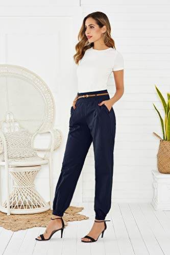 Cindeyar Damen Haremshose Elegant Pumphose Lange Leinen Hose mit Gürtel Aladin Pants (S, Dunkelblau)