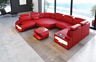 Wohnlandschaft Asti Mini Ledersofa Couch in Leder - Sofa mit USB und Kopfstützen (Große Ecke Links (auf Sofa blickend), Rot-Schwarz)