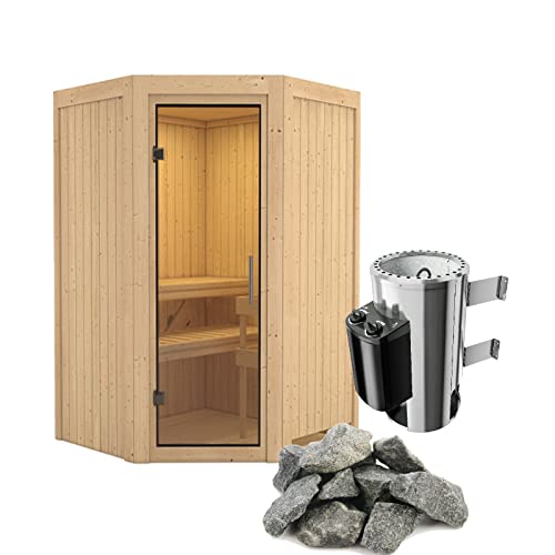 HORI® Traditionelle Sauna Ecksauna mit Ofen | 3,6 kW Finnish + int. Strg I 151 x 151 cm - Ida