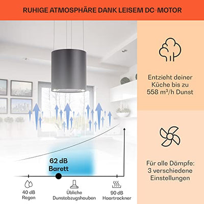 Klarstein Inselhaube, Dunstabzugshaube Umluft, Leise Abzugshaube für Kochinsel, Aktivkohlefilter, Inselhauben Freihängend Kronleuchter-Design, 3 Stufen Dunstabzugshaube mit Filter, 558m³/h Luftstrom