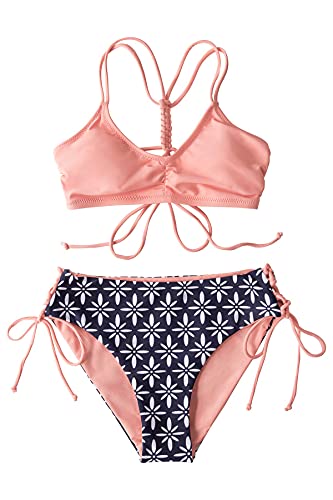 CUPSHE Damen Bikini Set mit Geflochtenen Trägern Reversible Bikinihose Geometric Print Bademode Zweiteiliger Badeanzug Rosa S