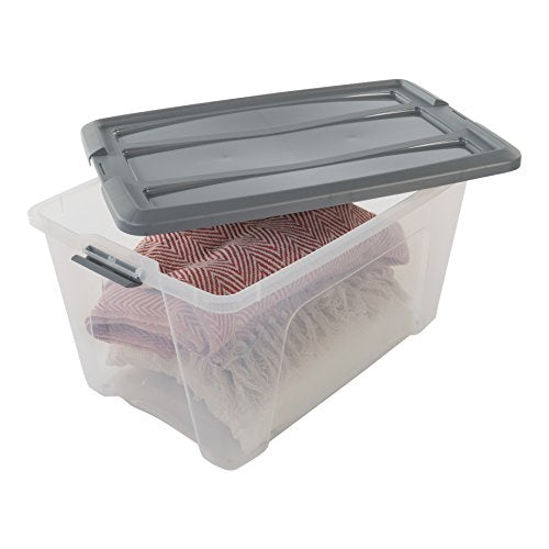 Amazon Basics, 6er-Set, Aufbewahrungsboxen, 45 L, mit Clips, stapelbar, Wohnzimmer, Schlafzimmer, Garage - New Top Box NTB-45 - Grau / Transparent