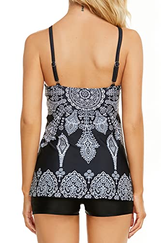 Breampot Tankini Damen Bauchweg Bedruckter Bademode Zweiteiler Badeanzug Push Up Swimsuit Beachwear (XX-Large, Stil 1 Schwarz)