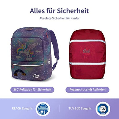 GMT for Kids Schulrucksack Set 5-teilig ergonomische leichte Schultasche für Grundschule Kinder mit Reflektoren, höhenverstellbare Hüftgurt Sicherheit, 22 L(Einhorn)