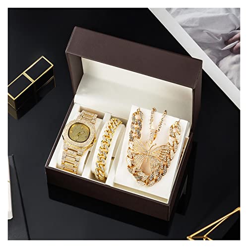 Damen-Uhren-Set, goldene Uhren, Halsketten, Armband, kubanische Kette, Schmetterling, Strasssteine, Schmuck, 4-teiliges Set, Geschenke für Frauen (B, wie abgebildet)