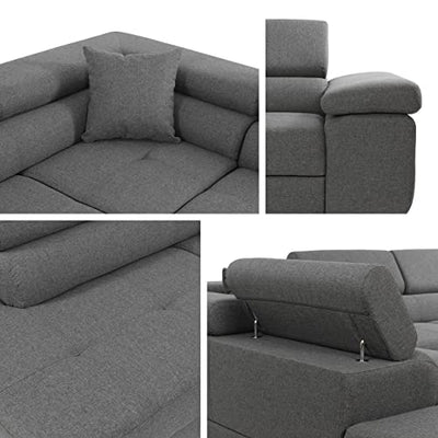 Ecksofa Torezio mit Bettkasten, Einstellbare Kopfstützen, Sofa mit Schlaffunktion, Eckcouch für Wohnzimmer, Polsterecke, L-Form Couch mit Bettfunktion, Wohnlandschaft (Seite: Rechts, Manila 18)