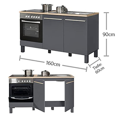 Stella Trading Bilberry Moderne Küchenzeile mit Spüle ohne Elektrogeräte Optik, Geräumige Einbauküche mit viel Stauraum, Spanplatte, Eiche Sonoma/Anthrazit, 160 x 90 x 60 cm