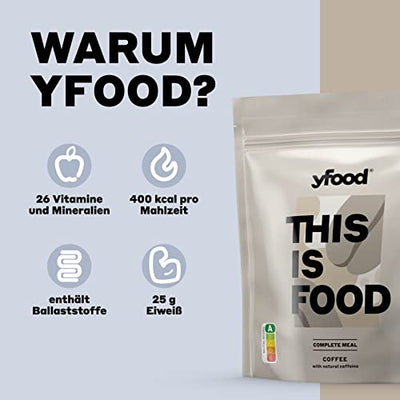 yfood Pulver Coffee, Leckere Trinkmahlzeit für unterwegs, THIS IS FOOD Pulver, 25g Protein, 17 Mahlzeiten, 26 Vitamine und Mineralstoffe, 1,5kg Beutel, Geschmack Kaffee