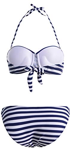 EUDOLAH Damen Bandeau Padded Bikini-Set Trägerlosen Badeanzug Push Up (M, A-Blaue Streifen)