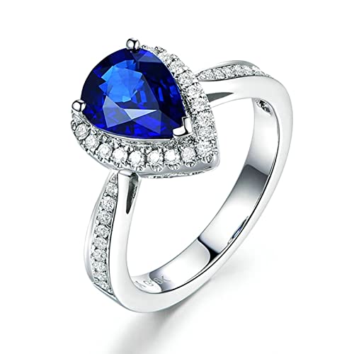 18 Karat (750) Weißgold Ringe Damen, Zierlicher Ring Eingelegter 2,61 ct Blauer Saphir Und 0,31 ct Diamant Birne Ring Größe 63 (20.1)