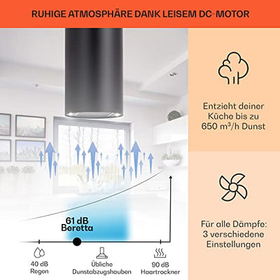 Klarstein Beretta Dunstabzugshaube - Insel-abzugshaube, Inselhaube, 35 cm (Ø) / 60 cm Abdeckungung, Abluft/Umluft, 650 m³/h, inklusive Aktivkohlefiltern, Energieeffizienzklasse C, schwarz