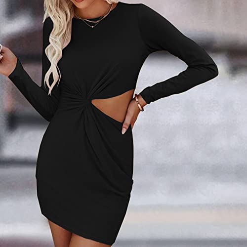 Cocoarm Damen Sexy Bodycon Kurzes Kleid Rundhals Langarm Hüftkleid Aushöhlen Taille Einfarbig Freizeitkleid Minikleid Wickelkleid Businesskleid Partykleid Cocktailkleid(L-Schwarz)