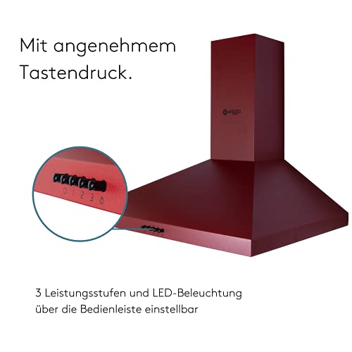 Wiggo Dunstabzugshaube 60cm I Wandhaube für Abluft oder Umluft Dunstabzug 300m³/h mit LED-Beleuchtung & 3 Leistungsstufen I Wandhaube inkl. Fettfilter & 2x Kohlefilter I Abzugshaube Rot