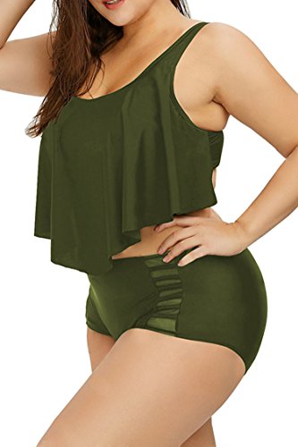 Viottiset Damen Plus Size Flounce Bademode mit Hoher Taille Badeanzug Bikini Set XL Armeegrün