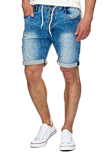 Indicode Herren Piano Sweatshorts mit 5 Taschen aus 82% Baumwolle | Kurze Hose Used-Look Shorts Denim-Optik Short Sweat Pants Washed Destroyed Jeans-Look Freizeithose für Männer Denim Blue L