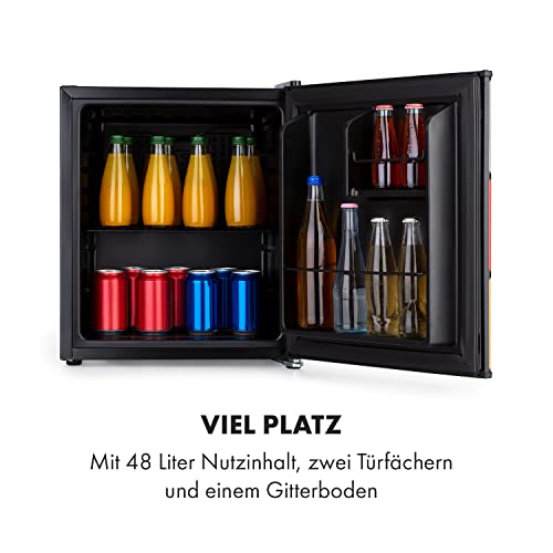 Klarstein Solve - Mini-Kühlschrank, Minibar, thermoelektrisches Kühlsystem, 48 Liter Fassungsvermögen, mechanischer Drehregler, Kühlung: 0 bis 10 °C, schwarz/bunt